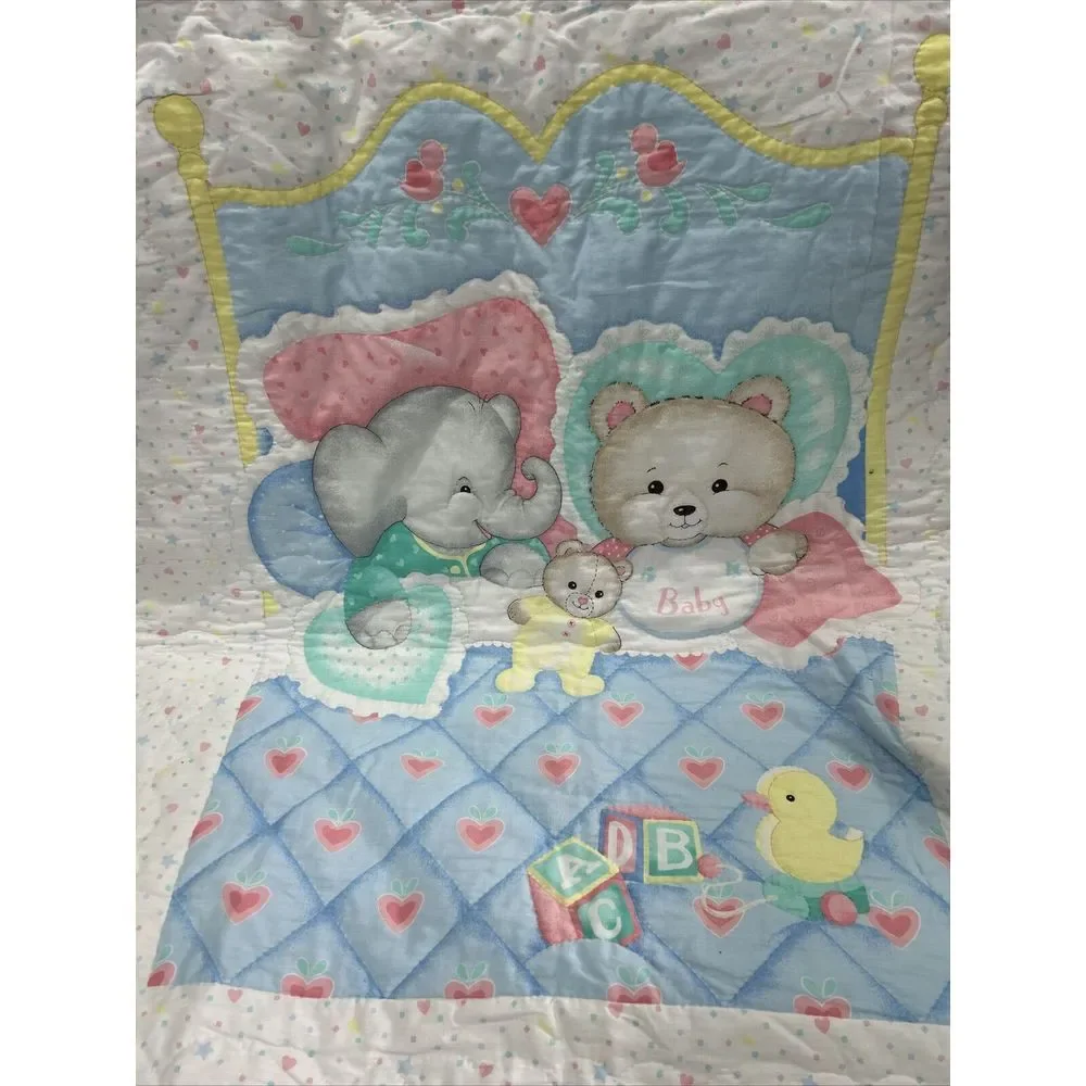 Grandma Handmade‎ Baby Quilt Bears Duck Blocks Elephant Blanket 33X42 Vintage